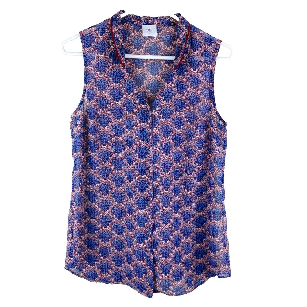 CAbi Floral Fan Print Button Front Sleeveless Top Womens Size S Classic Career